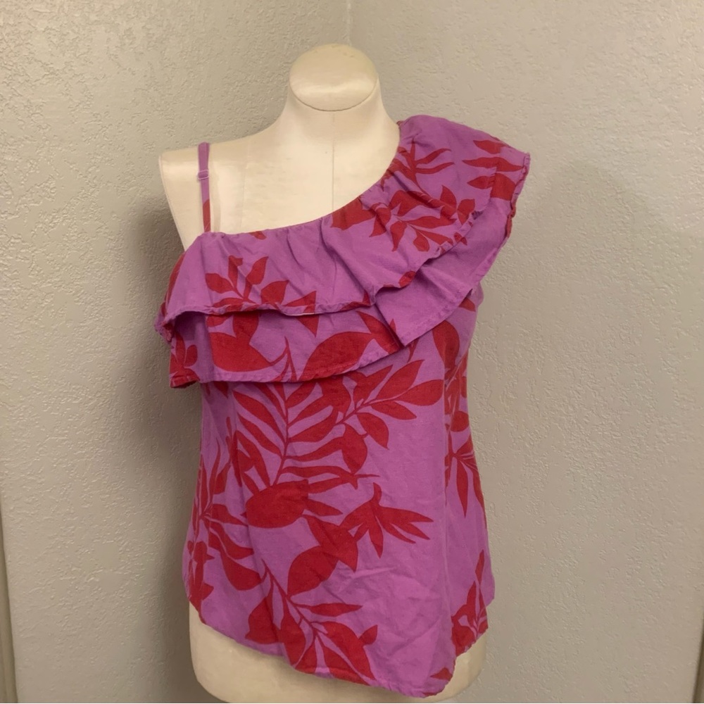 Old Navy M One-Shoulder Ruffled Tiered Top Red & Purple Tropical Print Shirt